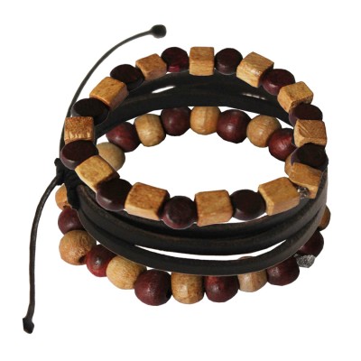 Multicolor Wood with Leather Combo Set Wooden Bracelet